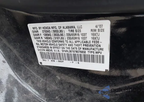 2007 Honda Odyssey Ex-L z USA, uszkodzony, nr VIN 5FNRL38797B076832